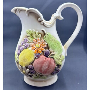 Ceramic Pitcher, 3d fruit/flower, vintage, 6 inches tall,colorful, country, folk